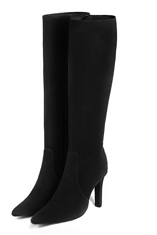 Matt black women's feminine knee-high boots. Tapered toe. Very high slim heel. Made to measure. Front view - Florence KOOIJMAN